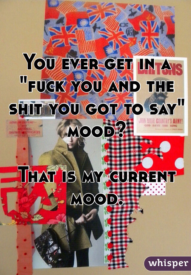 You ever get in a "fuck you and the shit you got to say" mood? 

That is my current mood.