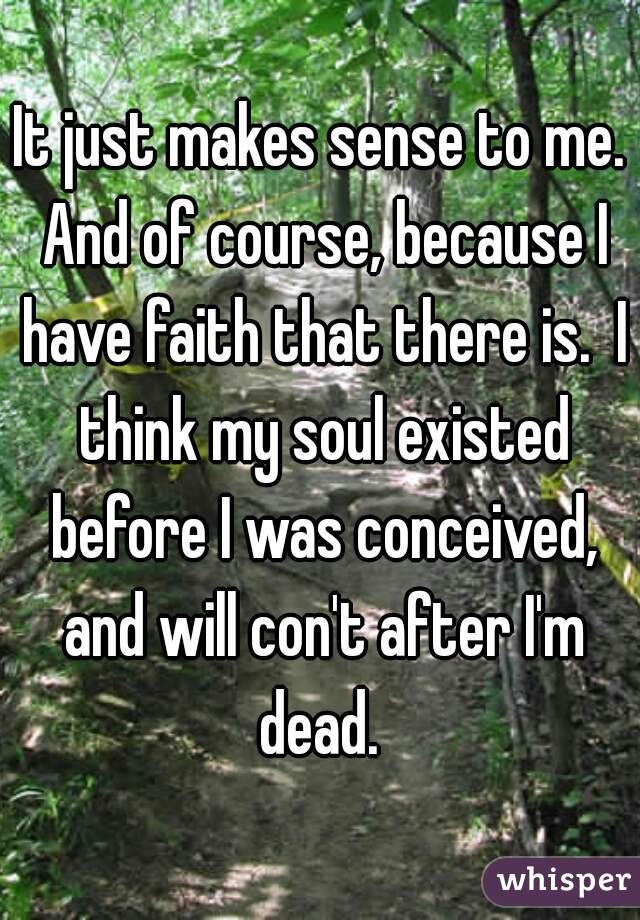 It just makes sense to me. And of course, because I have faith that there is.  I think my soul existed before I was conceived, and will con't after I'm dead. 