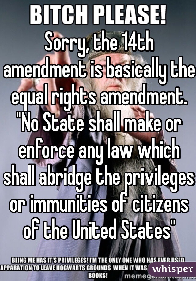 Sorry, the 14th amendment is basically the equal rights amendment. "No State shall make or enforce any law which shall abridge the privileges or immunities of citizens of the United States"
