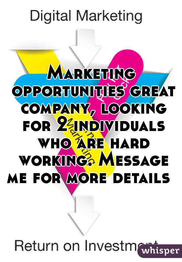 Marketing opportunities great company, looking for 2 individuals who are hard working. Message me for more details  