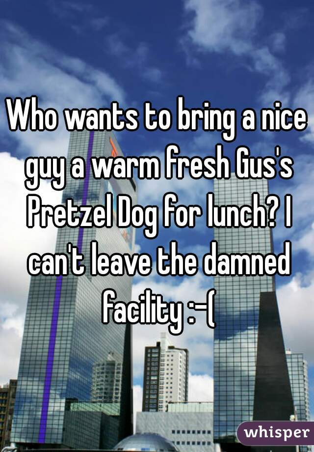 Who wants to bring a nice guy a warm fresh Gus's Pretzel Dog for lunch? I can't leave the damned facility :-(