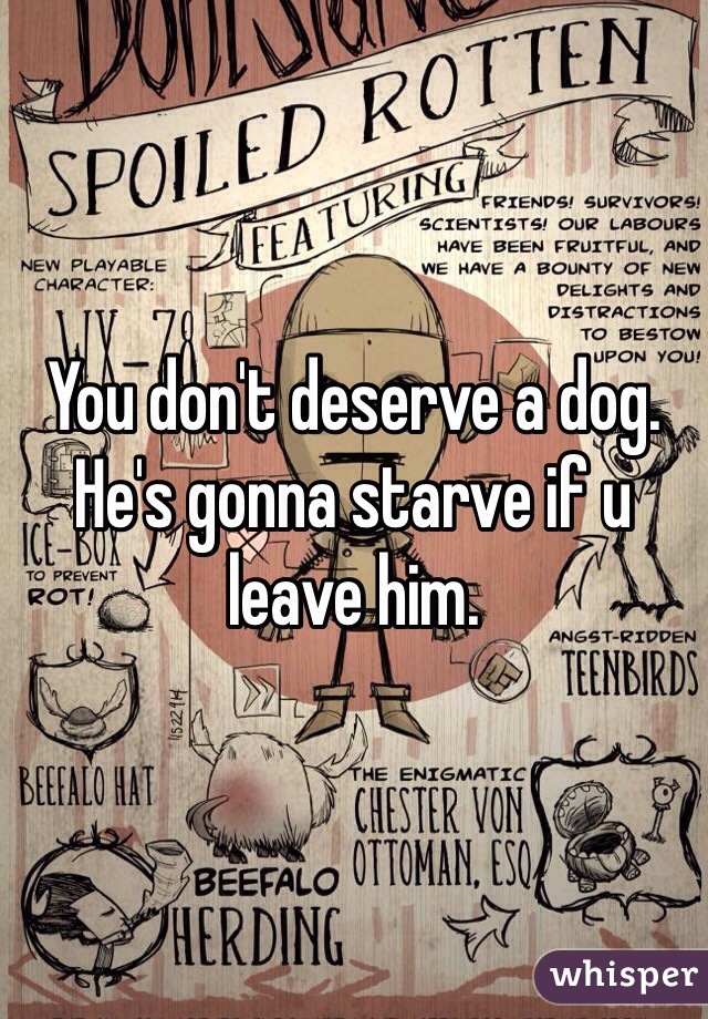 You don't deserve a dog. He's gonna starve if u leave him. 