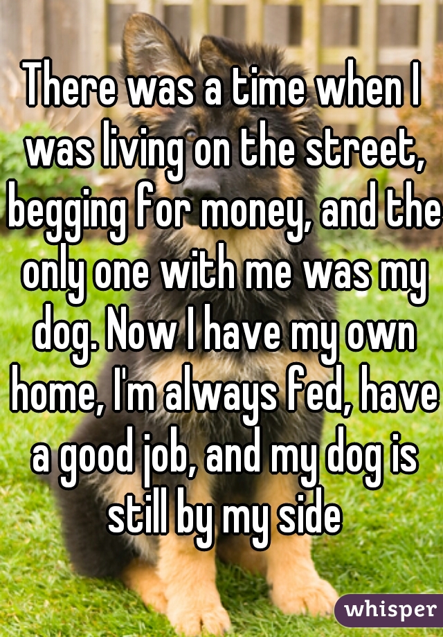 There was a time when I was living on the street, begging for money, and the only one with me was my dog. Now I have my own home, I'm always fed, have a good job, and my dog is still by my side