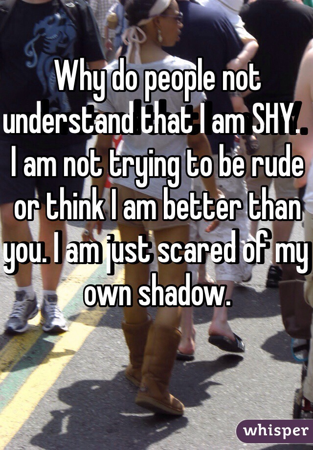 Why do people not understand that I am SHY.  I am not trying to be rude or think I am better than you. I am just scared of my own shadow. 