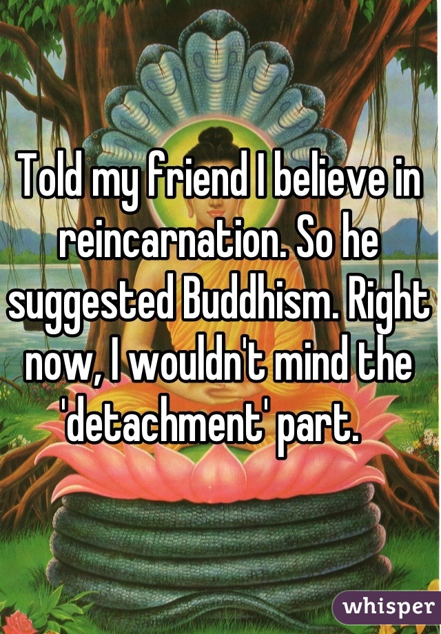 Told my friend I believe in reincarnation. So he suggested Buddhism. Right now, I wouldn't mind the 'detachment' part.  