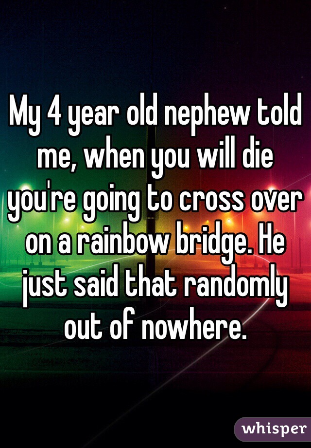 My 4 year old nephew told me, when you will die you're going to cross over on a rainbow bridge. He just said that randomly out of nowhere. 