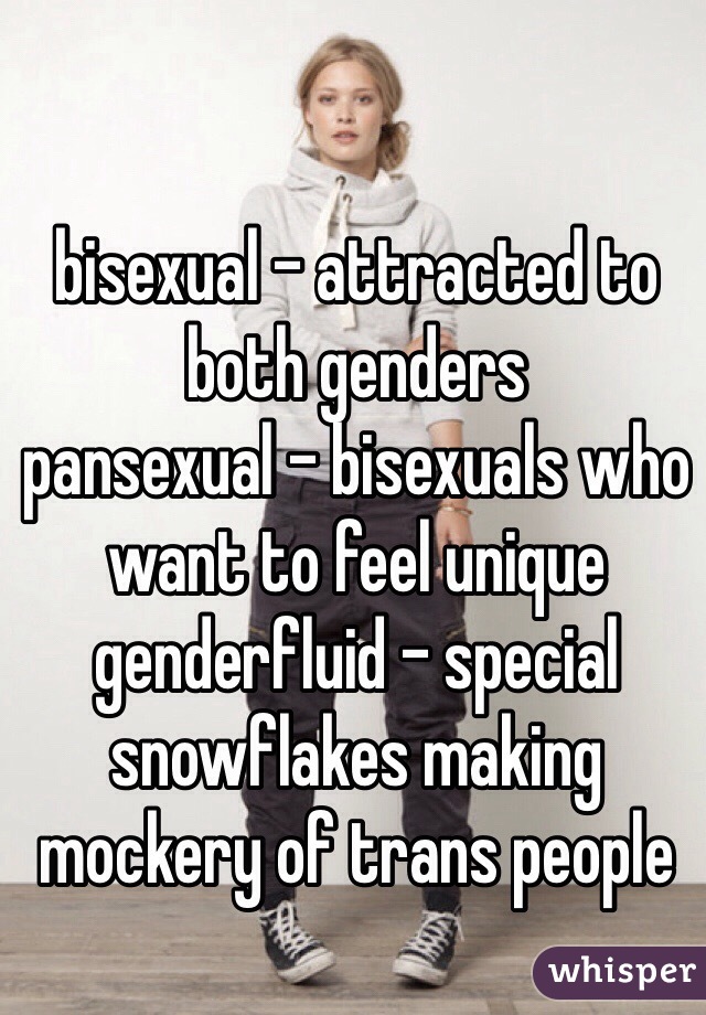 bisexual - attracted to both genders
pansexual - bisexuals who want to feel unique
genderfluid - special snowflakes making mockery of trans people