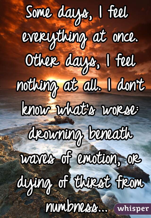 Some days, I feel everything at once. Other days, I feel nothing at all. I don't know what's worse: drowning beneath waves of emotion, or dying of thirst from numbness... 