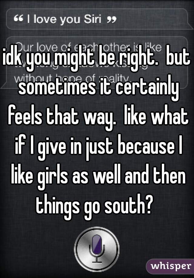 idk you might be right.  but sometimes it certainly feels that way.  like what if I give in just because I like girls as well and then things go south?  