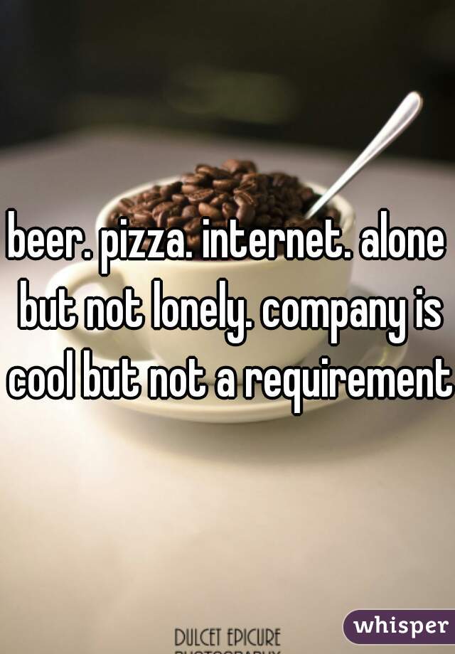 beer. pizza. internet. alone but not lonely. company is cool but not a requirement.