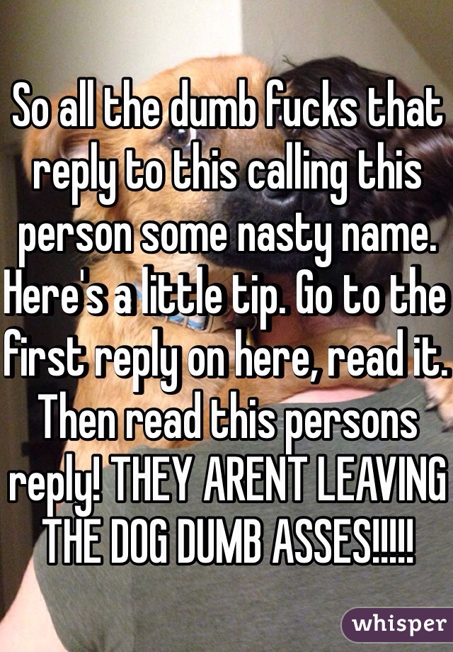 So all the dumb fucks that reply to this calling this person some nasty name. Here's a little tip. Go to the first reply on here, read it. Then read this persons reply! THEY ARENT LEAVING THE DOG DUMB ASSES!!!!!