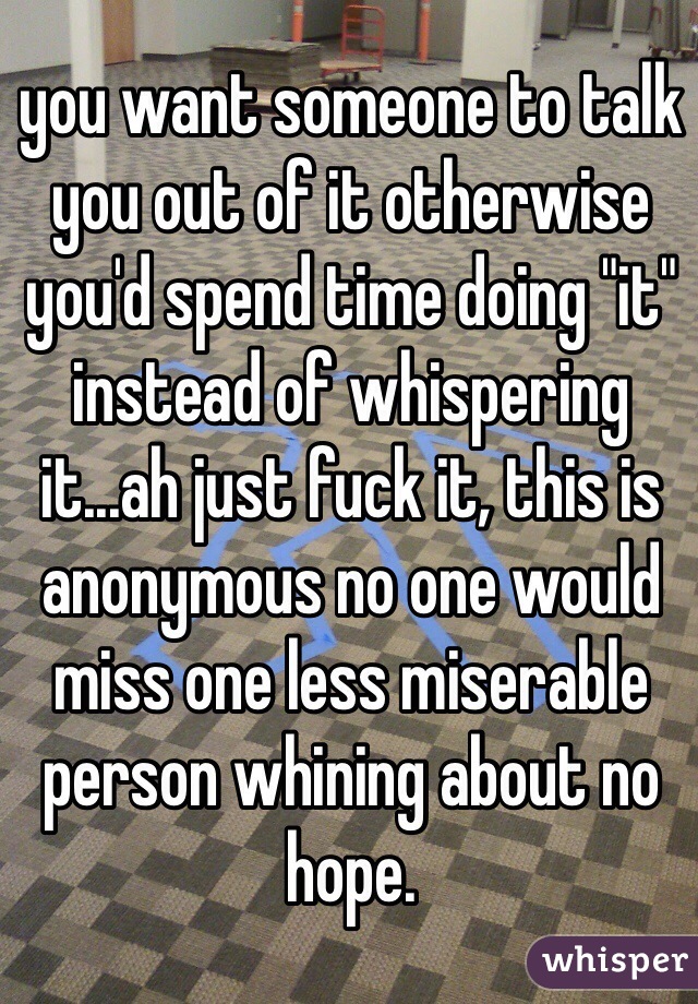 you want someone to talk you out of it otherwise you'd spend time doing "it" instead of whispering it...ah just fuck it, this is anonymous no one would miss one less miserable person whining about no hope.