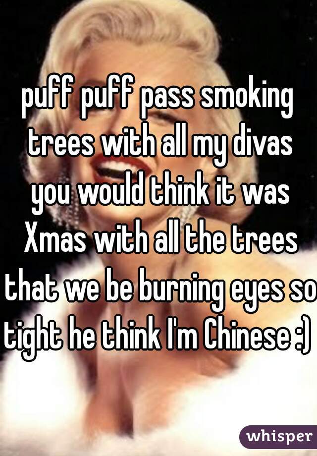 puff puff pass smoking trees with all my divas you would think it was Xmas with all the trees that we be burning eyes so tight he think I'm Chinese :) 