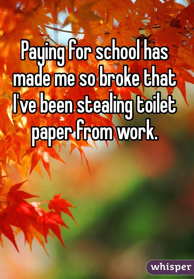 Paying for school has made me so broke that I've been stealing toilet paper from work.