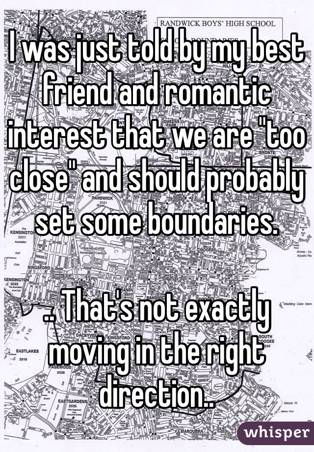 I was just told by my best friend and romantic interest that we are "too close" and should probably set some boundaries.

.. That's not exactly moving in the right direction.. 