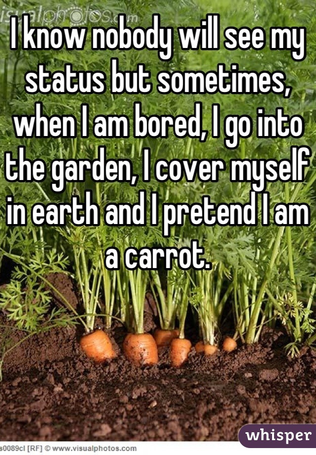 I know nobody will see my status but sometimes, when I am bored, I go into the garden, I cover myself in earth and I pretend I am a carrot.