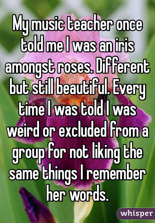 My music teacher once told me I was an iris amongst roses. Different but still beautiful. Every time I was told I was weird or excluded from a group for not liking the same things I remember her words.