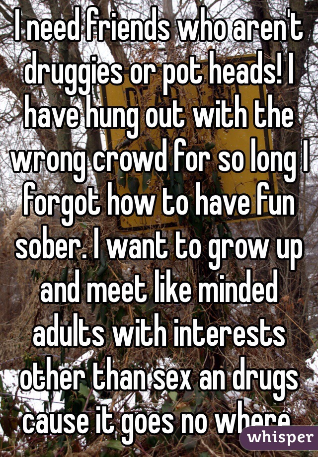 I need friends who aren't druggies or pot heads! I have hung out with the wrong crowd for so long I forgot how to have fun sober. I want to grow up and meet like minded adults with interests other than sex an drugs cause it goes no where.