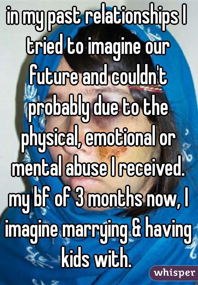 in my past relationships I tried to imagine our future and couldn't probably due to the physical, emotional or mental abuse I received. my bf of 3 months now, I imagine marrying & having kids with. 