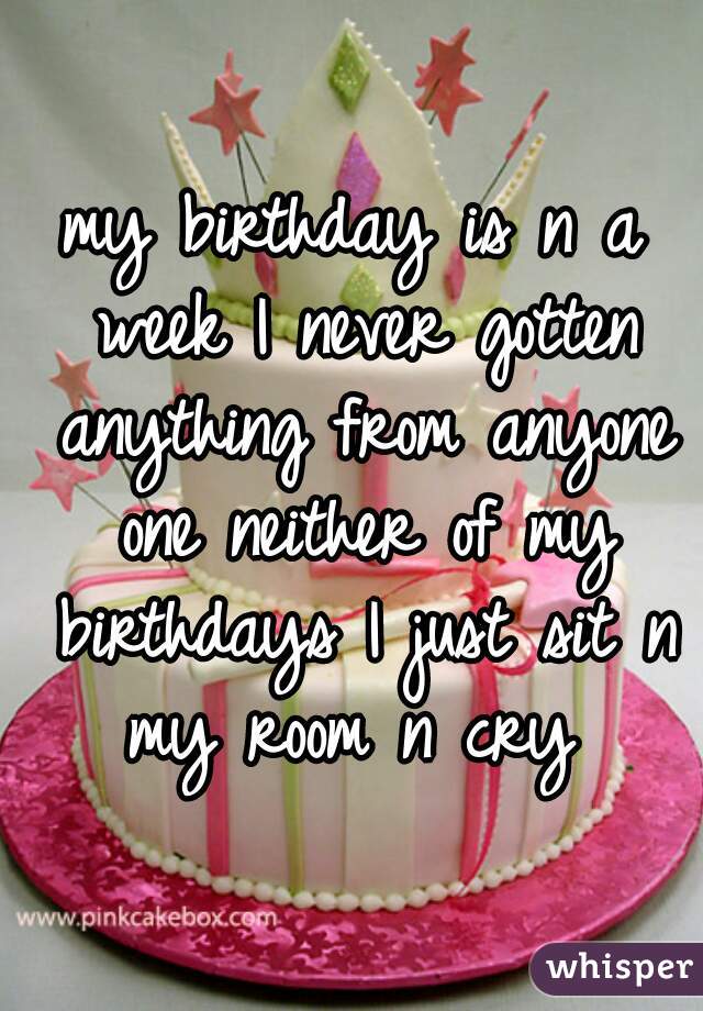 my birthday is n a week I never gotten anything from anyone one neither of my birthdays I just sit n my room n cry 