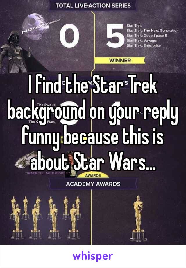 I find the Star Trek background on your reply funny because this is about Star Wars... 