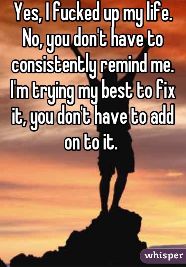 Yes, I fucked up my life. No, you don't have to consistently remind me. I'm trying my best to fix it, you don't have to add on to it. 
