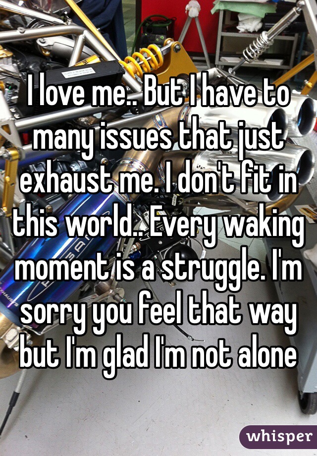 I love me.. But I have to many issues that just exhaust me. I don't fit in this world.. Every waking moment is a struggle. I'm sorry you feel that way but I'm glad I'm not alone