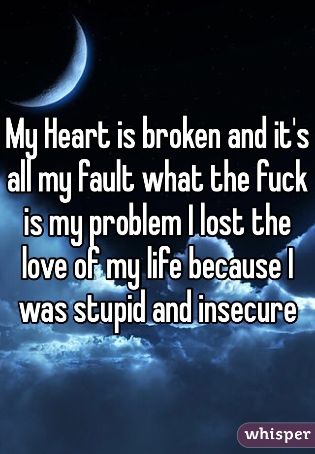 My Heart is broken and it's all my fault what the fuck is my problem I lost the love of my life because I was stupid and insecure