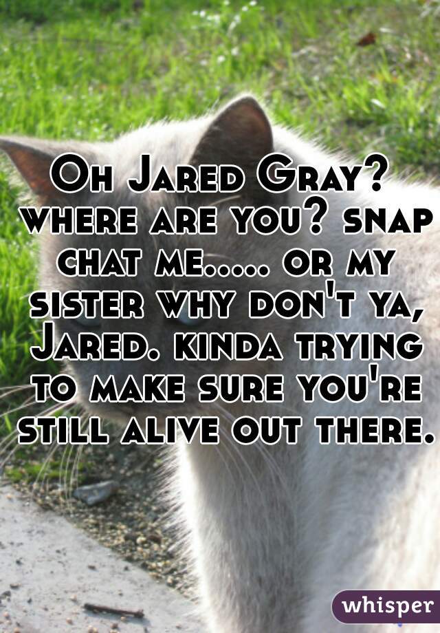 Oh Jared Gray? where are you? snap chat me..... or my sister why don't ya, Jared. kinda trying to make sure you're still alive out there.