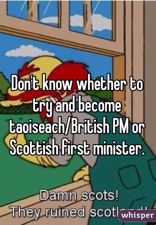 Don't know whether to try and become taoiseach/British PM or Scottish first minister. 