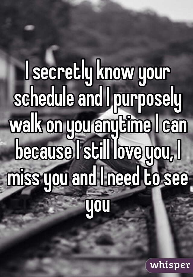 I secretly know your schedule and I purposely walk on you anytime I can because I still love you, I miss you and I need to see you