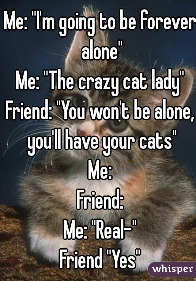 Me: "I'm going to be forever alone"
Me: "The crazy cat lady"
Friend: "You won't be alone, you'll have your cats"
Me:
Friend:
Me: "Real-"
Friend "Yes"