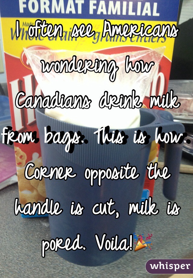 I often see Americans wondering how Canadians drink milk from bags. This is how. Corner opposite the handle is cut, milk is pored. Voila!🎉