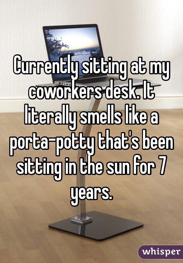 Currently sitting at my coworkers desk. It literally smells like a porta-potty that's been sitting in the sun for 7 years. 