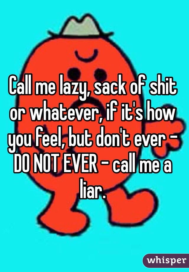 Call me lazy, sack of shit or whatever, if it's how you feel, but don't ever - DO NOT EVER - call me a liar. 