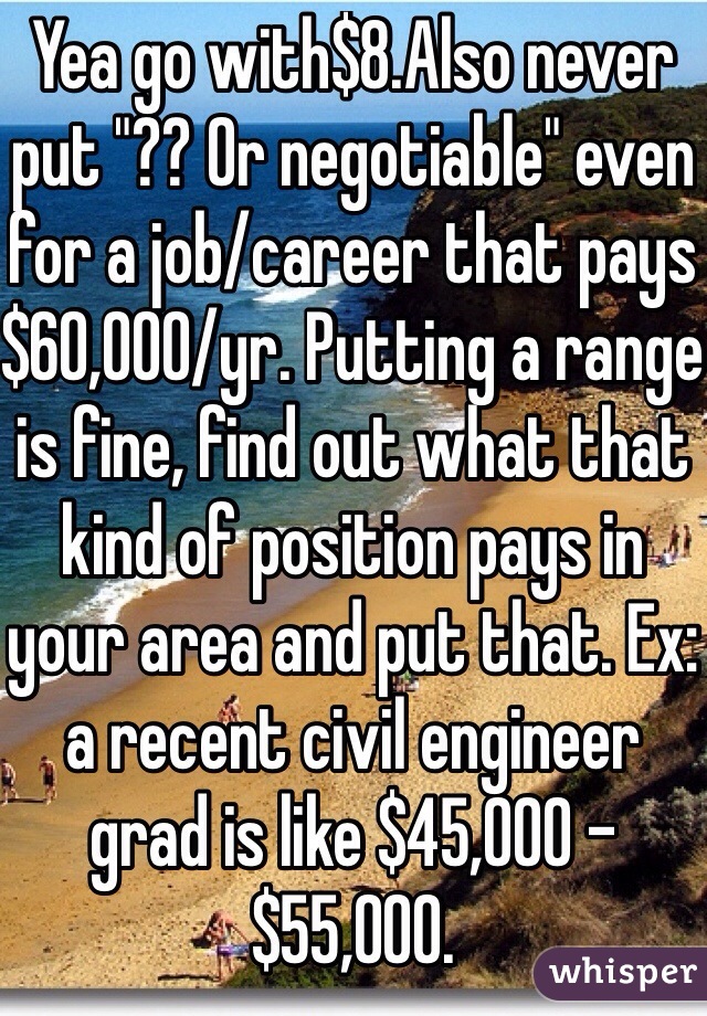 Yea go with$8.Also never put "?? Or negotiable" even for a job/career that pays $60,000/yr. Putting a range is fine, find out what that kind of position pays in your area and put that. Ex: a recent civil engineer grad is like $45,000 - $55,000.