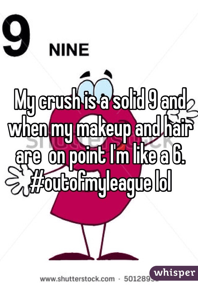 My crush is a solid 9 and when my makeup and hair are  on point I'm like a 6.  #outofmyleague lol 