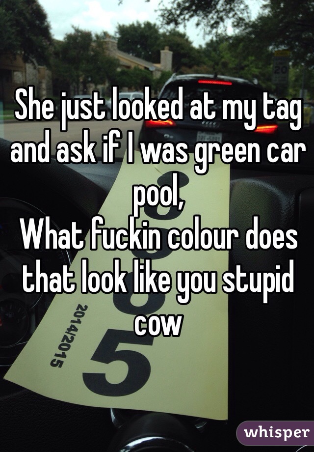 She just looked at my tag and ask if I was green car pool,
What fuckin colour does that look like you stupid cow