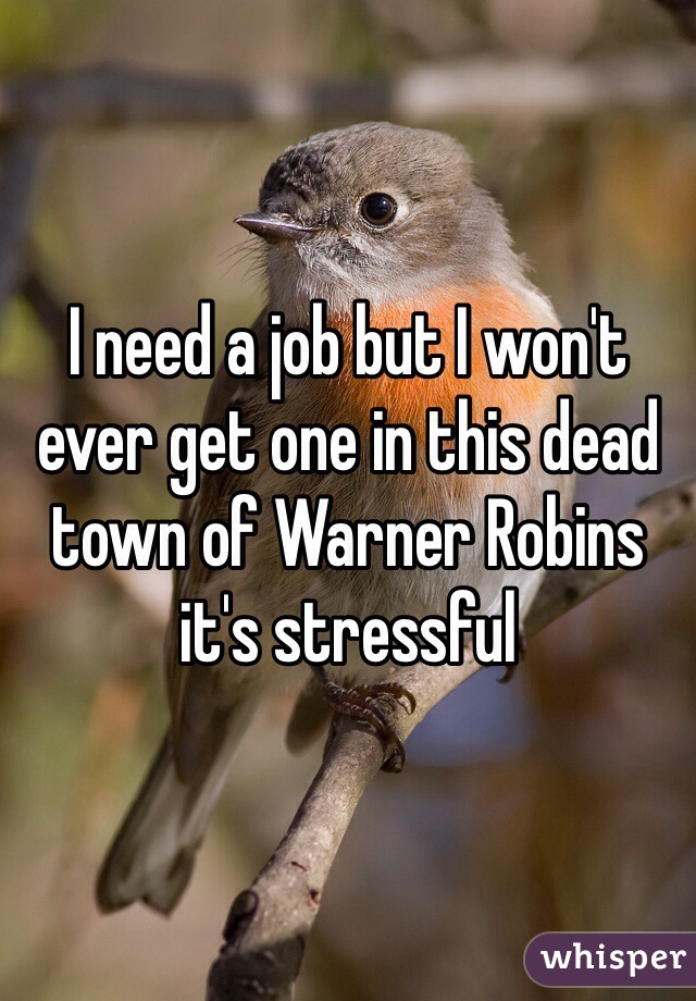 I need a job but I won't ever get one in this dead town of Warner Robins it's stressful