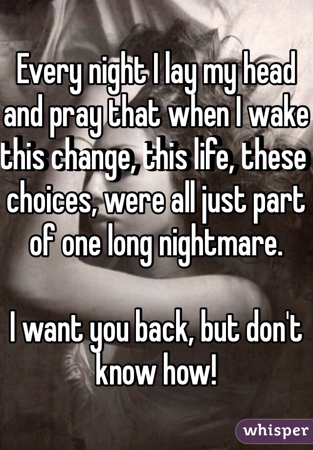 Every night I lay my head and pray that when I wake this change, this life, these choices, were all just part of one long nightmare. 

I want you back, but don't know how! 