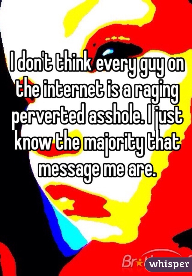 I don't think every guy on the internet is a raging perverted asshole. I just know the majority that message me are.
