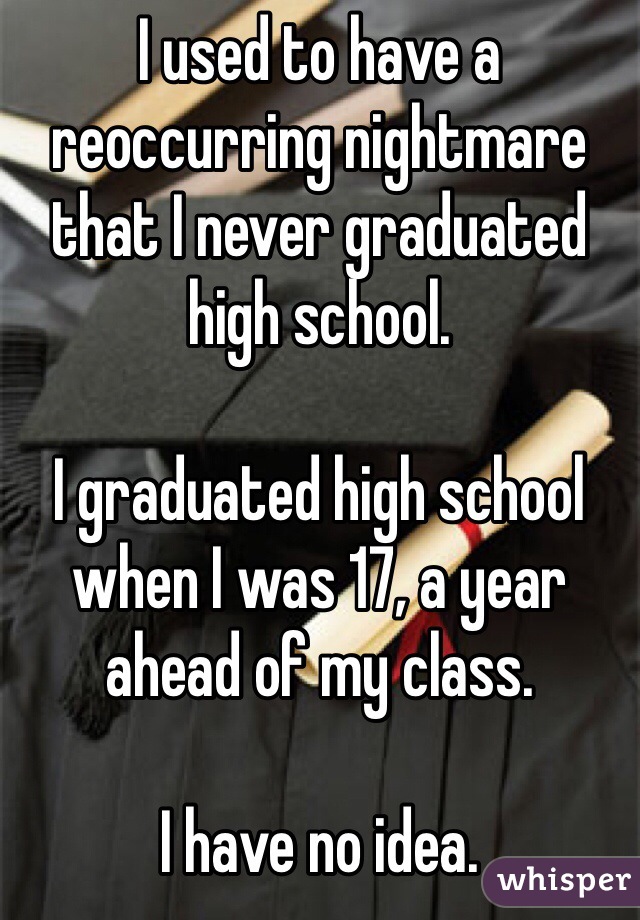 I used to have a reoccurring nightmare that I never graduated high school.

I graduated high school when I was 17, a year ahead of my class.

I have no idea. 