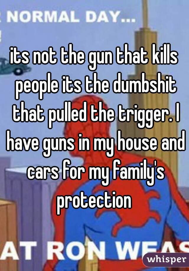 its not the gun that kills people its the dumbshit that pulled the trigger. I have guns in my house and cars for my family's protection 