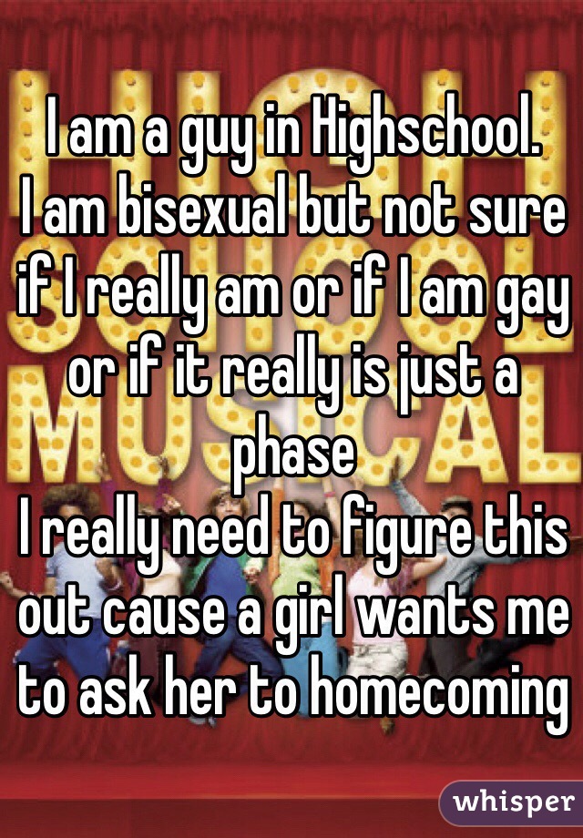 I am a guy in Highschool. 
I am bisexual but not sure if I really am or if I am gay or if it really is just a phase
I really need to figure this out cause a girl wants me to ask her to homecoming