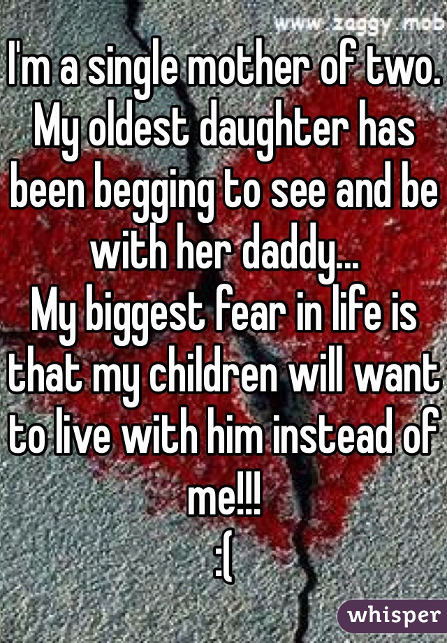 I'm a single mother of two. 
My oldest daughter has been begging to see and be with her daddy...
My biggest fear in life is that my children will want to live with him instead of me!!!
:(