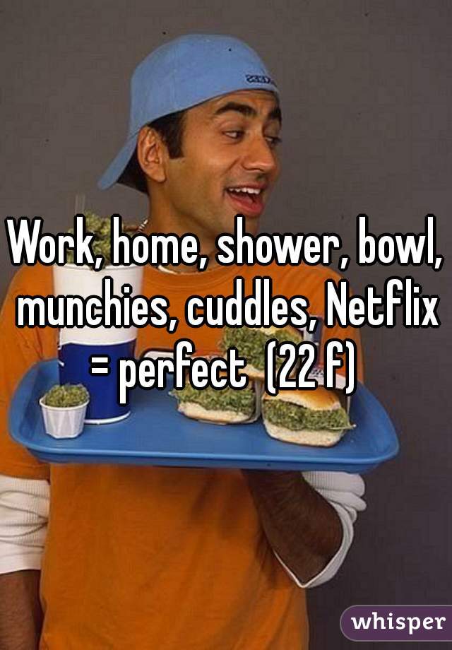 Work, home, shower, bowl, munchies, cuddles, Netflix = perfect  (22 f) 