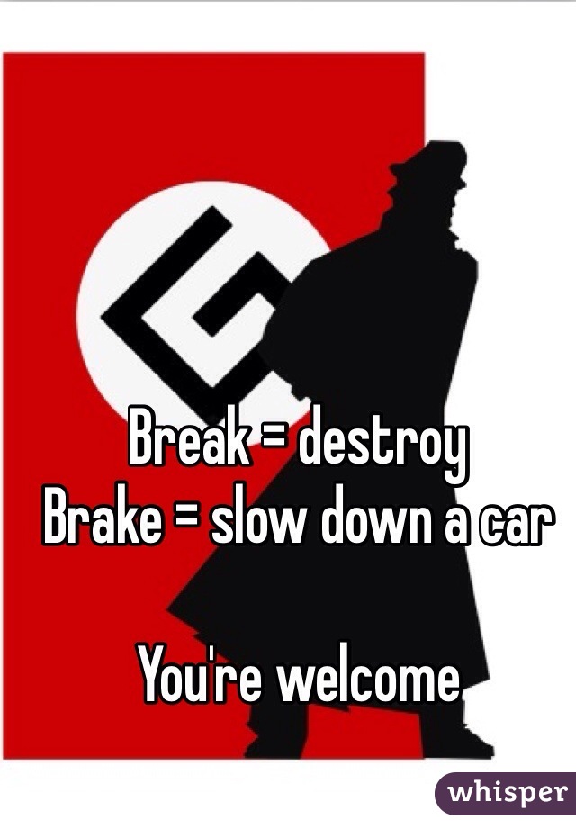 Break = destroy
Brake = slow down a car

You're welcome