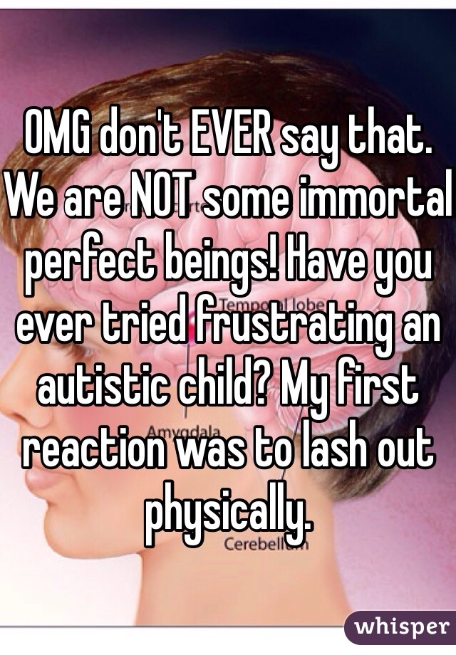 OMG don't EVER say that.  We are NOT some immortal perfect beings! Have you ever tried frustrating an autistic child? My first reaction was to lash out physically. 