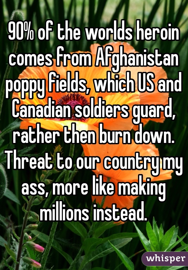 90% of the worlds heroin comes from Afghanistan poppy fields, which US and Canadian soldiers guard, rather then burn down. Threat to our country my ass, more like making millions instead.