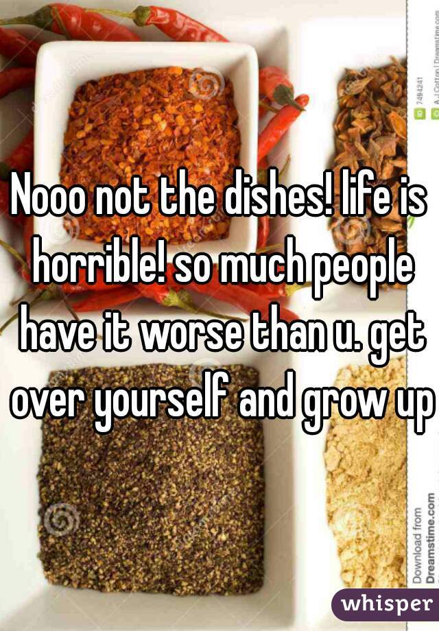 Nooo not the dishes! life is horrible! so much people have it worse than u. get over yourself and grow up.